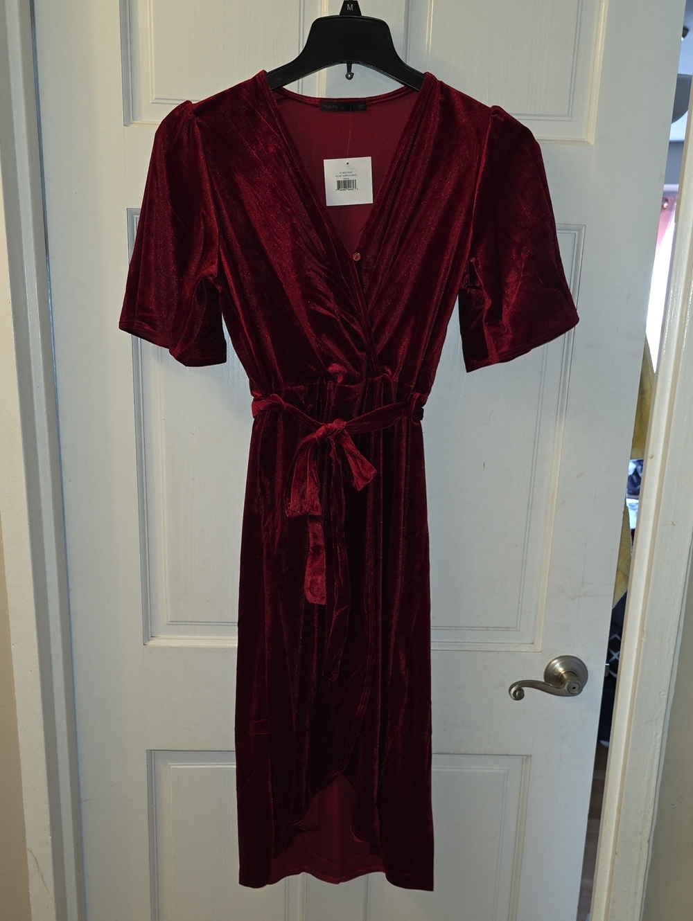 Women's Velvet Wrap Midi Dress in Burgundy